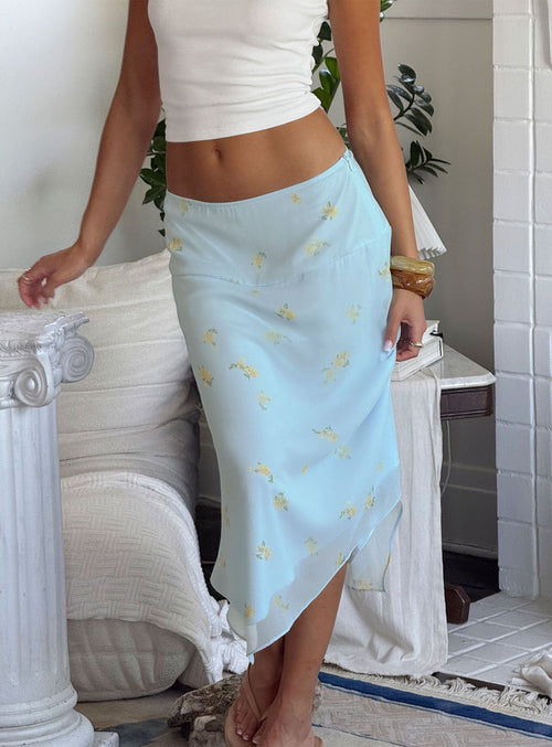 Daphene Asymmetrical Midi Skirt Blue Floral