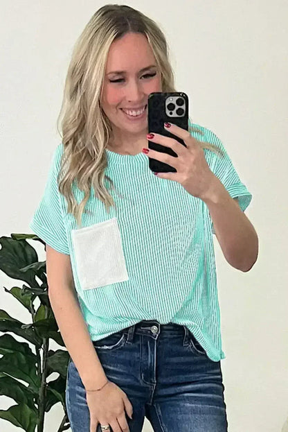 Pink Corded Colorblock Pocket Crew Neck T Shirt
