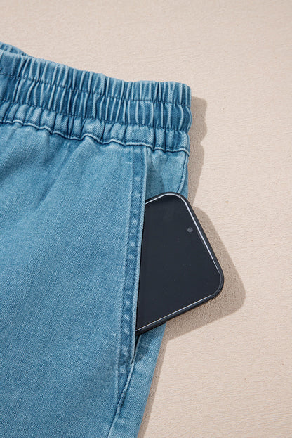 Beau Blue Contrast Drawstring Elastic Waistband Denim Shorts