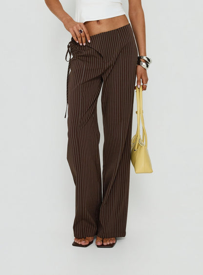 Editta Tie Detail Low Rise Tailored Pants Brown Pinstripe