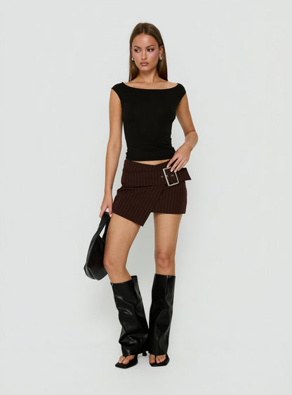 Myrienne Belted Mini Skirt Brown Pinstripe