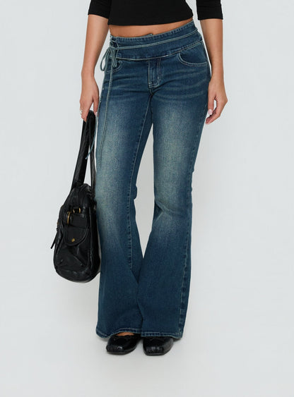 Runa Low Rise Bootleg Tie Side Jeans Mid Blue Wash