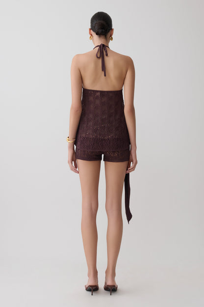 Corey Crochet Halter Neck Top - Chocolate