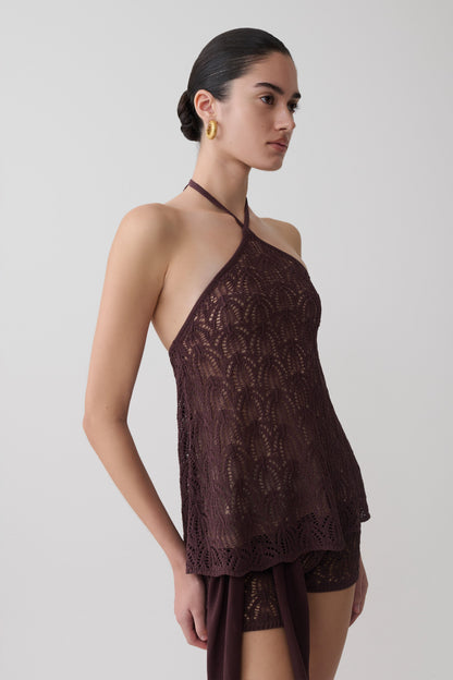 Corey Crochet Halter Neck Top - Chocolate