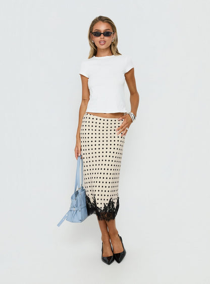 Downtown Scene Lace Trim Maxi Skirt Cream Polka