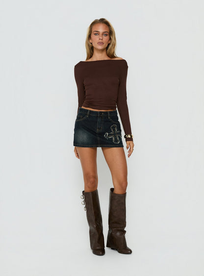 Barracuda Applique Denim Mini Skirt Grunge Wash