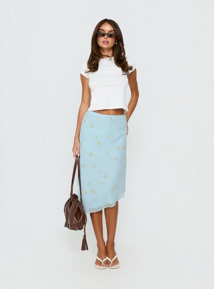 Daphene Asymmetrical Midi Skirt Blue Floral