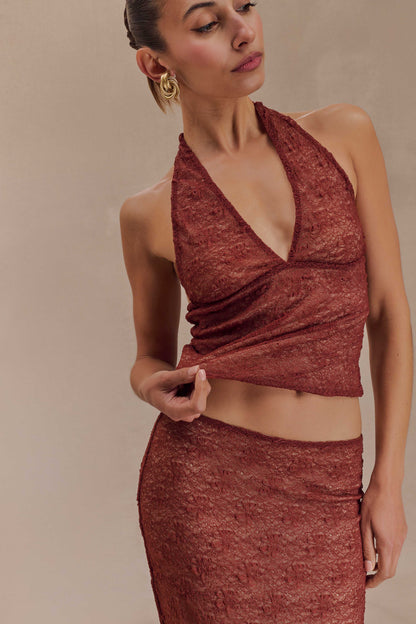 Asher Sheer Lace Halter Top - Chilli