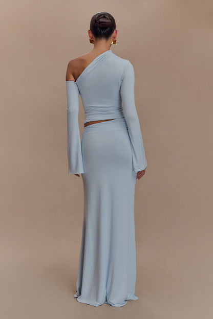 Ainsley Asymmetrical Maxi Skirt With Floral Hardware - Pale Blue