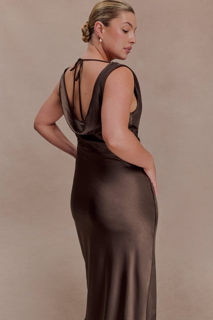 Ashley Cowl Neck Lace And Satin Maxi Dress - Mocha