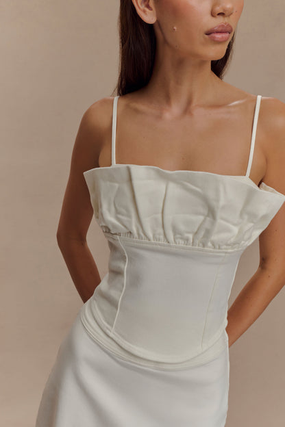 Cecilia Denim Frill Corset - White
