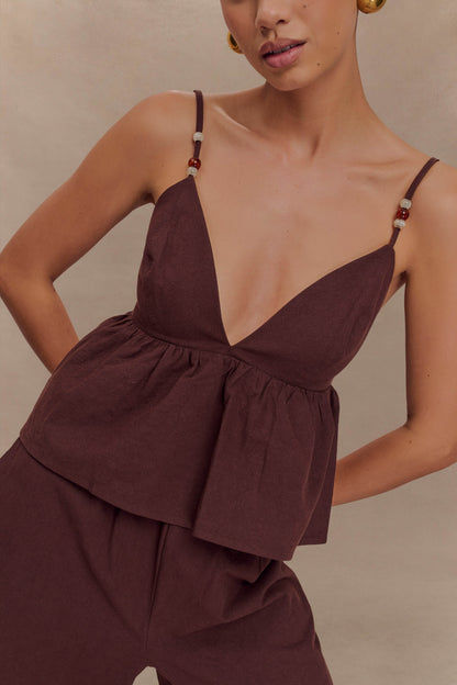 Janayia Cotton Beaded Top - Dark Espresso