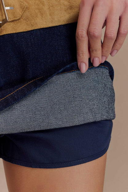 Miranda Faux Suede Belted Denim Mini Skirt - Indigo Blue