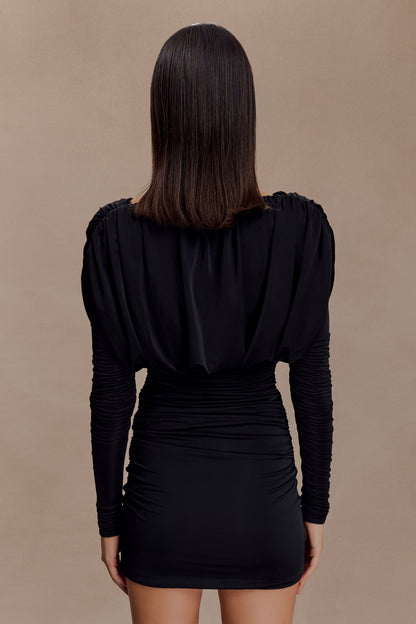 Hayden Long Sleeve Plunge Mini Dress - Black