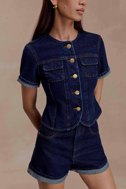 Carlene Cuffed Denim Shorts - Indigo Blue