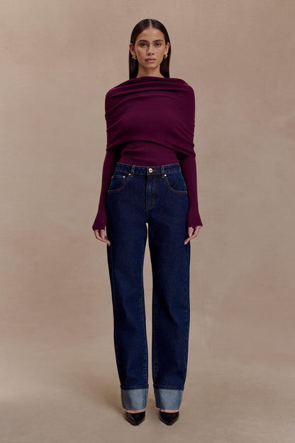 Mazie Asymetrical Cashmere Blend Long Sleeve Knit Top - Plum