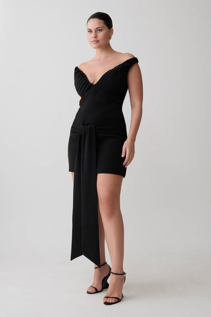 Runa Off Shoulder Mini Dress With Waist Tie - Black