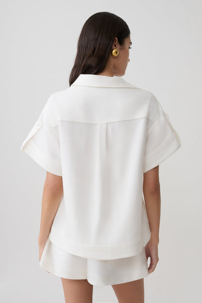 Selena Linen Short Sleeve Shirt - White