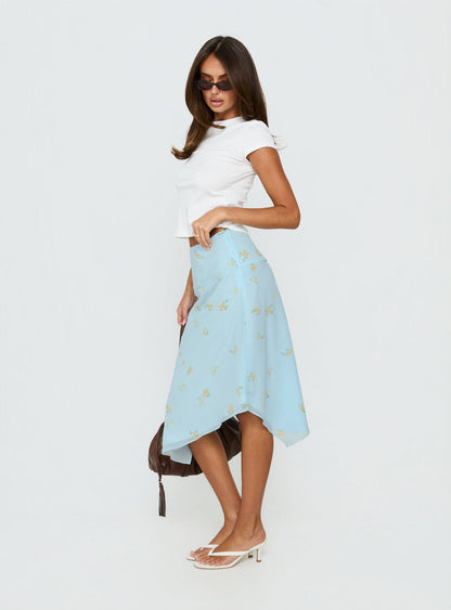 Daphene Asymmetrical Midi Skirt Blue Floral