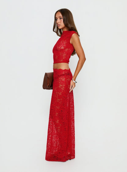 Vionna Lace Maxi Skirt Red