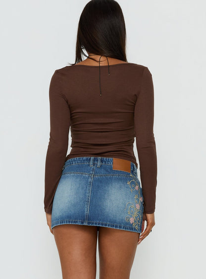 Flatline Embroidered Denim Mini Skirt Mid Wash