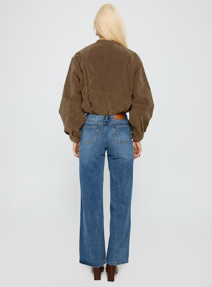 Saving Up Mid Rise Straight Leg Studded Jeans Mid Blue