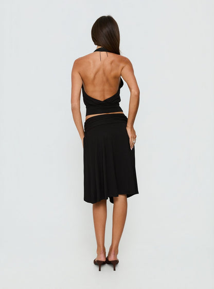 Soft Focus Tie Waist Midi Skirt Black