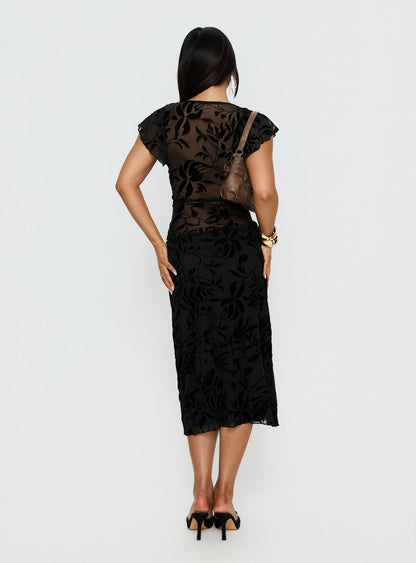 Atira Midi Skirt Leaf Flower Black