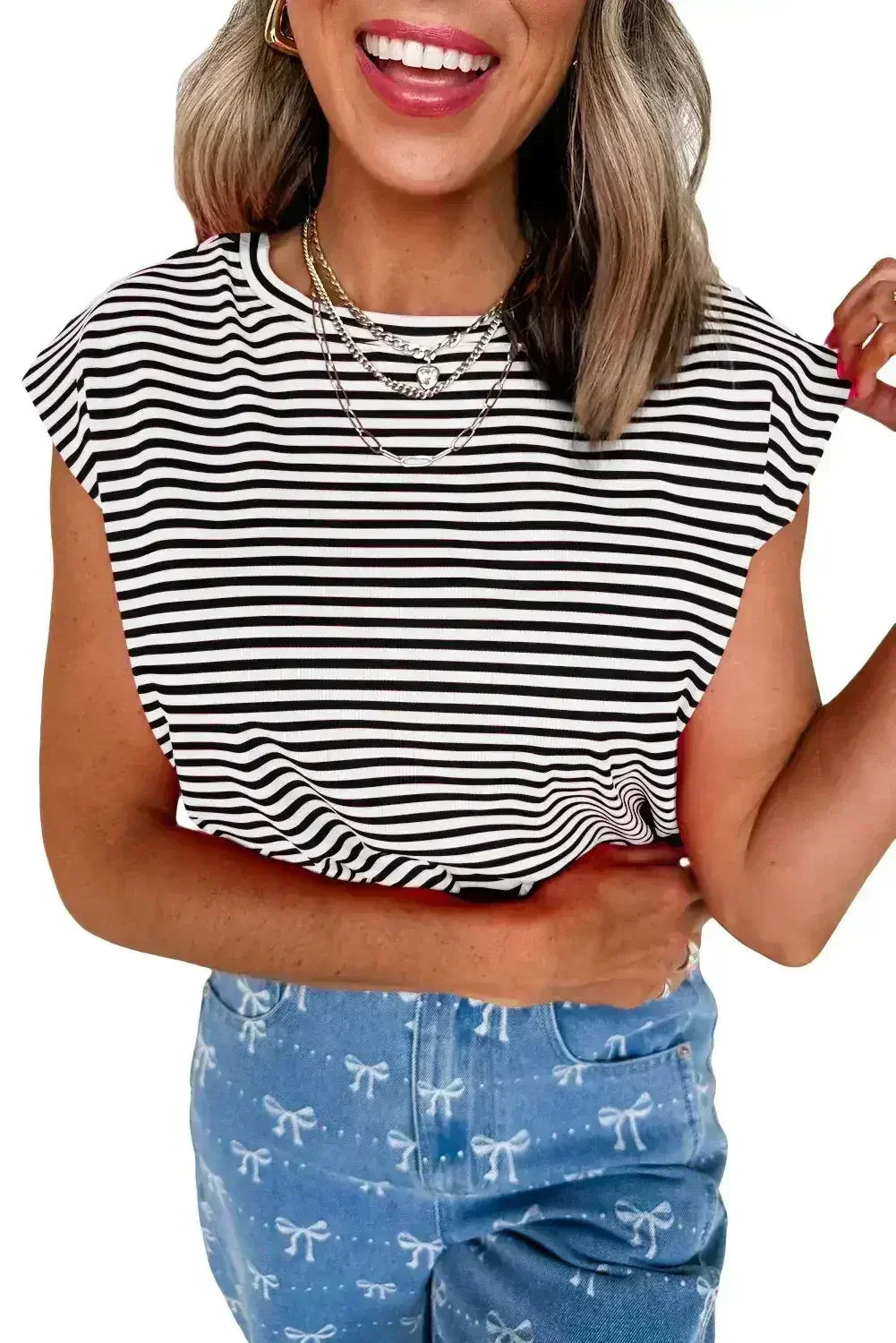 Black Stripe Ribbed Cap Sleeve Round Neck T Shirt