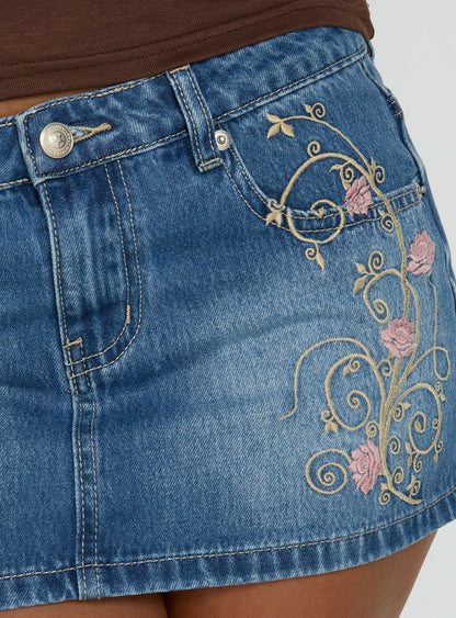 Flatline Embroidered Denim Mini Skirt Mid Wash