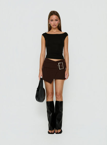 Myrienne Belted Mini Skirt Brown Pinstripe