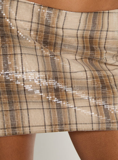 Cherice Sequin Mini Skirt Beige Plaid