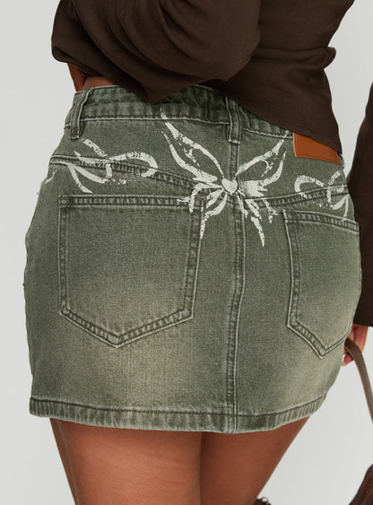 Laynee Butterfly Mini Skirt Washed Green