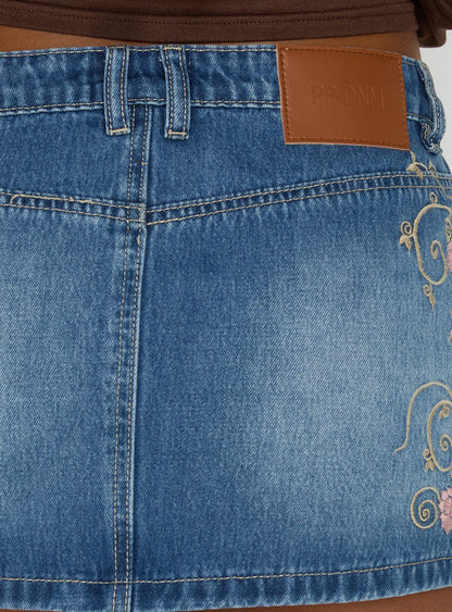 Flatline Embroidered Denim Mini Skirt Mid Wash