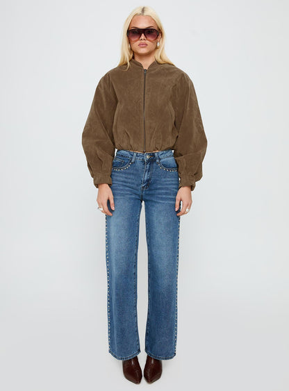 Saving Up Mid Rise Straight Leg Studded Jeans Mid Blue
