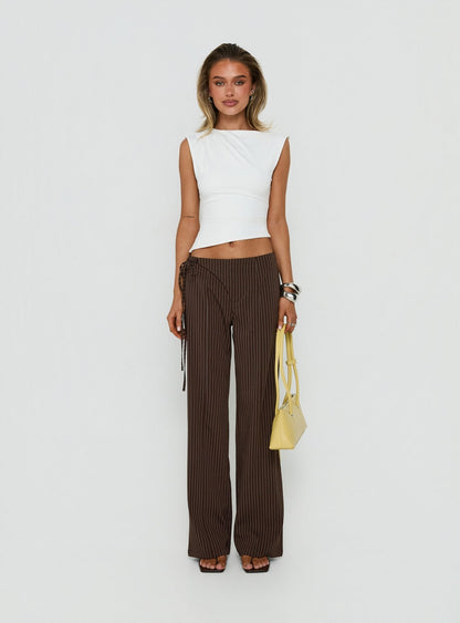 Editta Tie Detail Low Rise Tailored Pants Brown Pinstripe