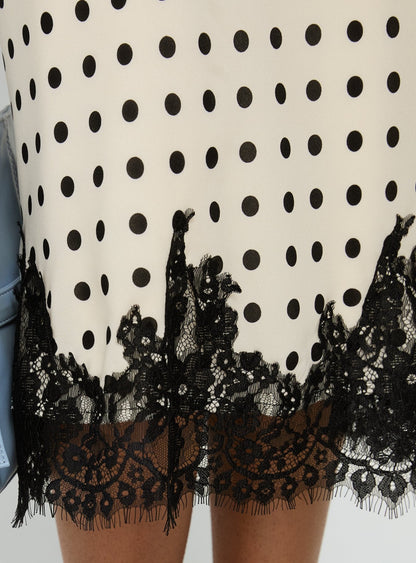 Downtown Scene Lace Trim Maxi Skirt Cream Polka
