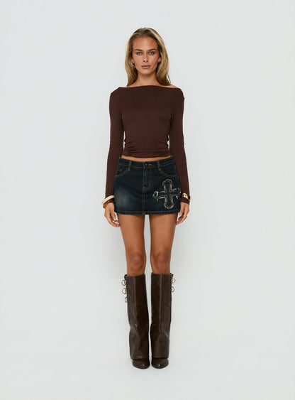 Barracuda Applique Denim Mini Skirt Grunge Wash