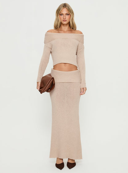 Devion Foldover Waist Maxi Skirt Beige