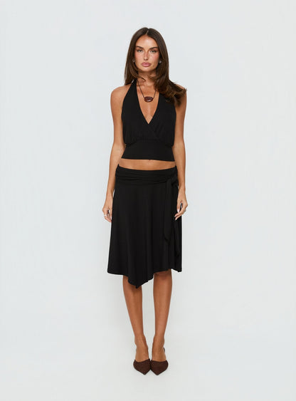 Soft Focus Tie Waist Midi Skirt Black