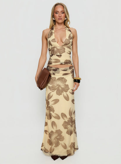 Roselin Mesh Maxi Skirt Brown Floral