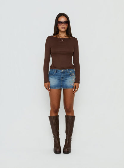 Flatline Embroidered Denim Mini Skirt Mid Wash