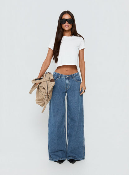 Ramos Low Rise Wide Leg Jeans Mid Blue Wash