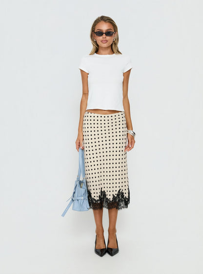 Downtown Scene Lace Trim Maxi Skirt Cream Polka