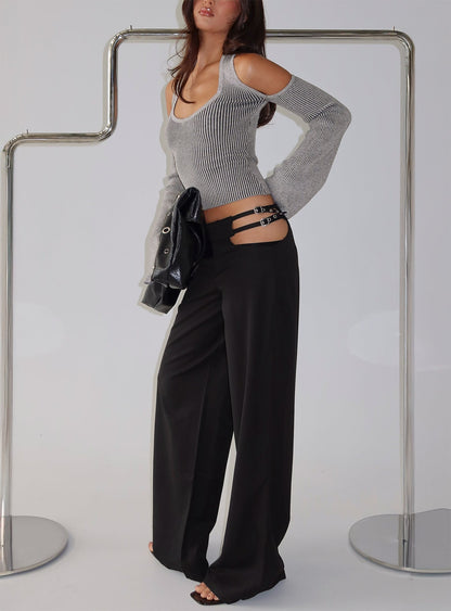 Venicia Belt Detail Suiting Pant Black Pinstripe