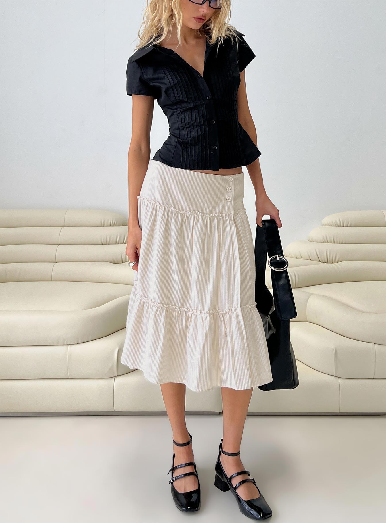 Cascades Low Rise Midi Skirt Beige / White Stripe