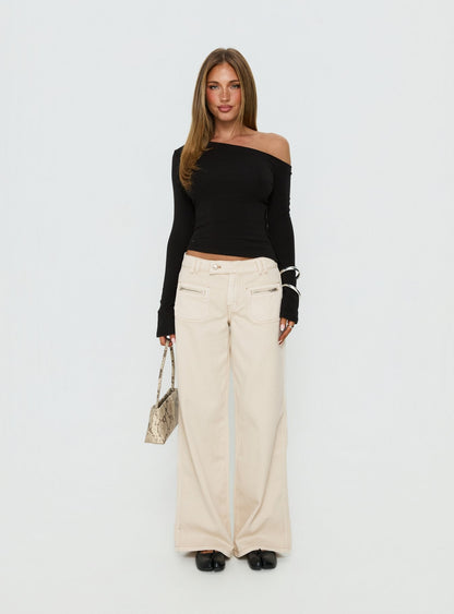 Lifetimes Mid Rise Wide Leg Cargo Jeans Cream