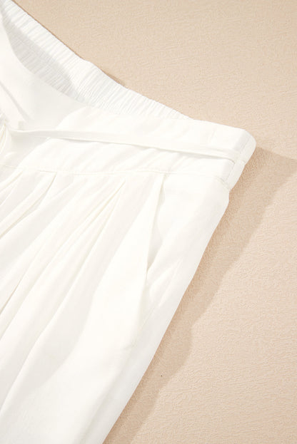 White Solid Drop Waist Pleated Wide Leg Casual Pants