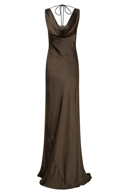 Ashley Cowl Neck Lace And Satin Maxi Dress - Mocha