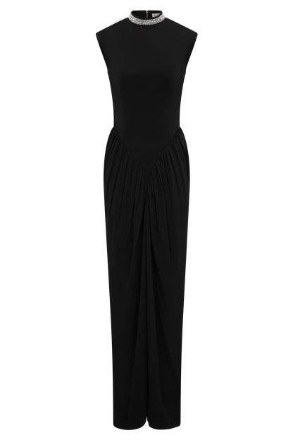 Elisa Diamante Neck Maxi Dress - Black
